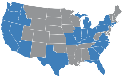 U.S. map with states highlighted where Alpha Investing has acquired properties.